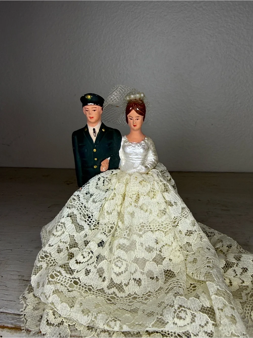 Vintage Military Army Chalkware Bride & Groom Cake Topper Featuring Lace Dress